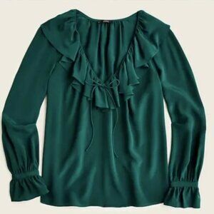 J. Crew 100% Silk Twill Ruffle Collar Blouse Long Sleeve Emerald Green High Low